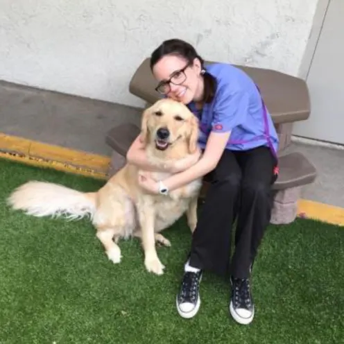 Staff member hugging dog